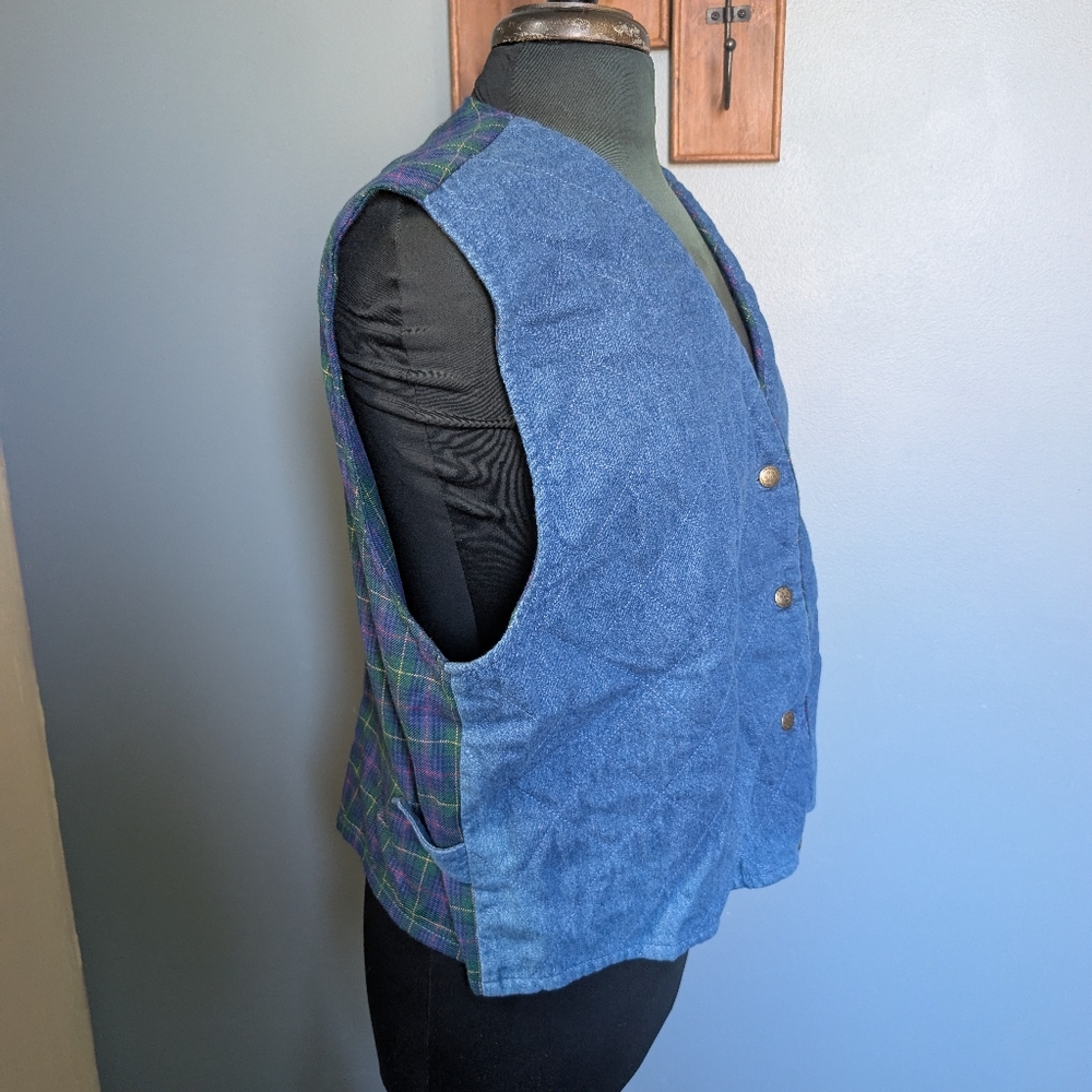 Vintage Quilted Denim Blue and Plaid Vest